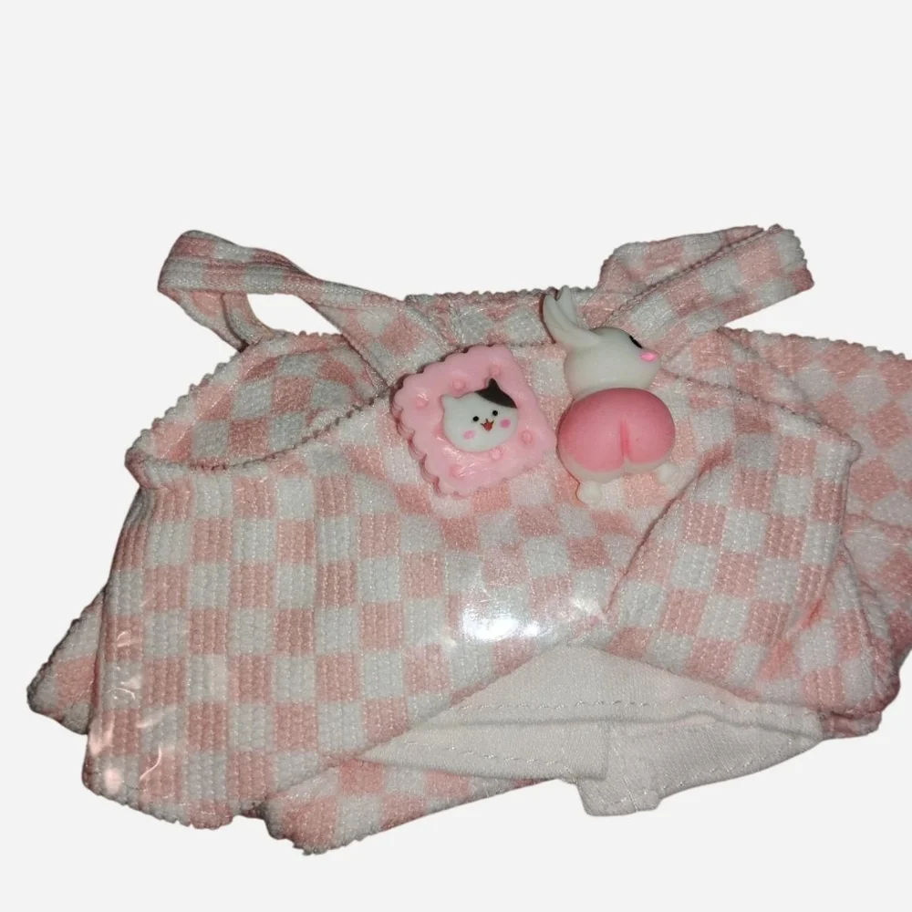Kawaii Doll Clothes Set (Fits 6-7 inch Dolls) -Pink Checkered Jumper & Blue Sunf